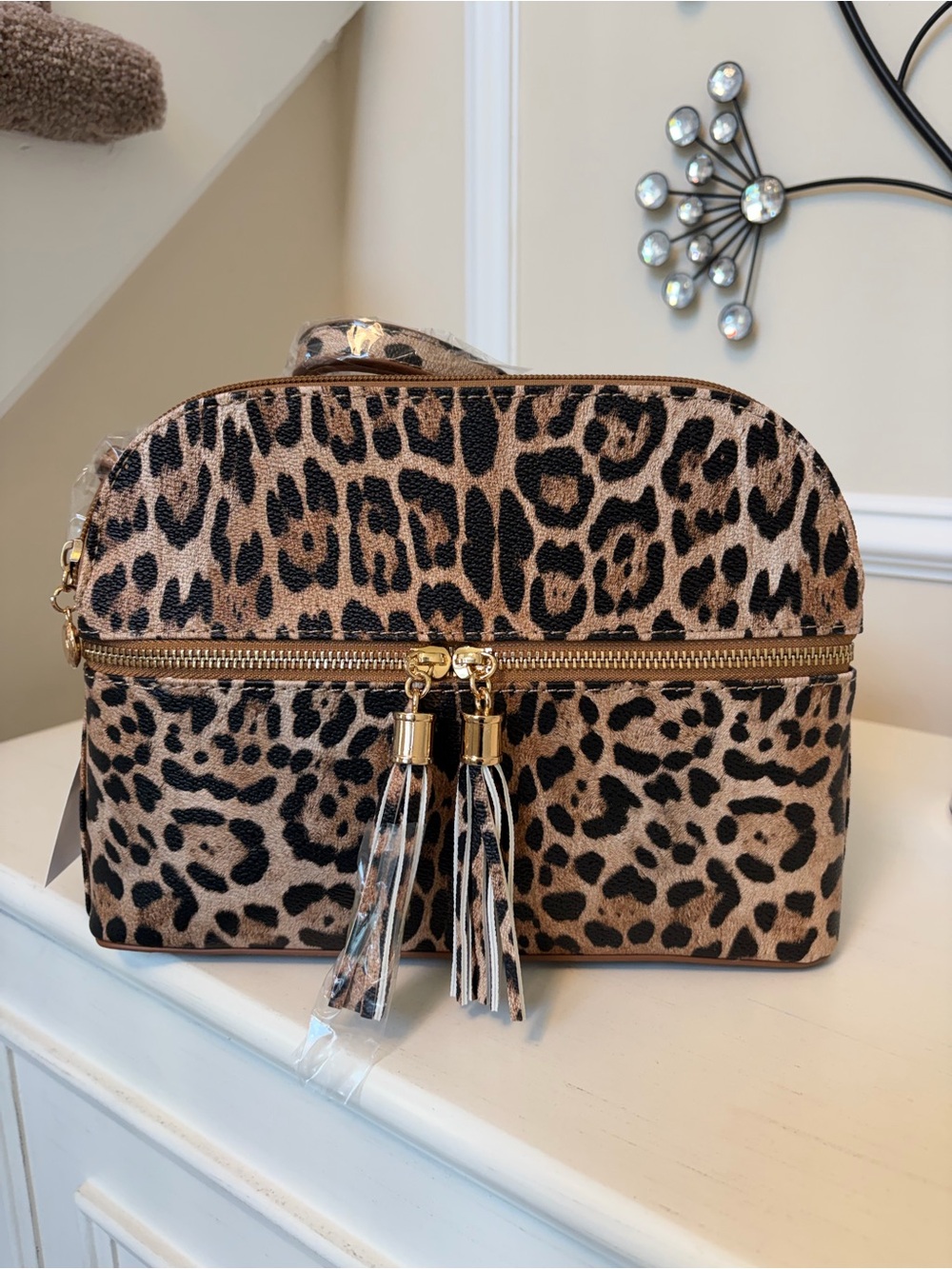 Leopard Print Cosmetic Case with Tassel Zips - Tan/Black